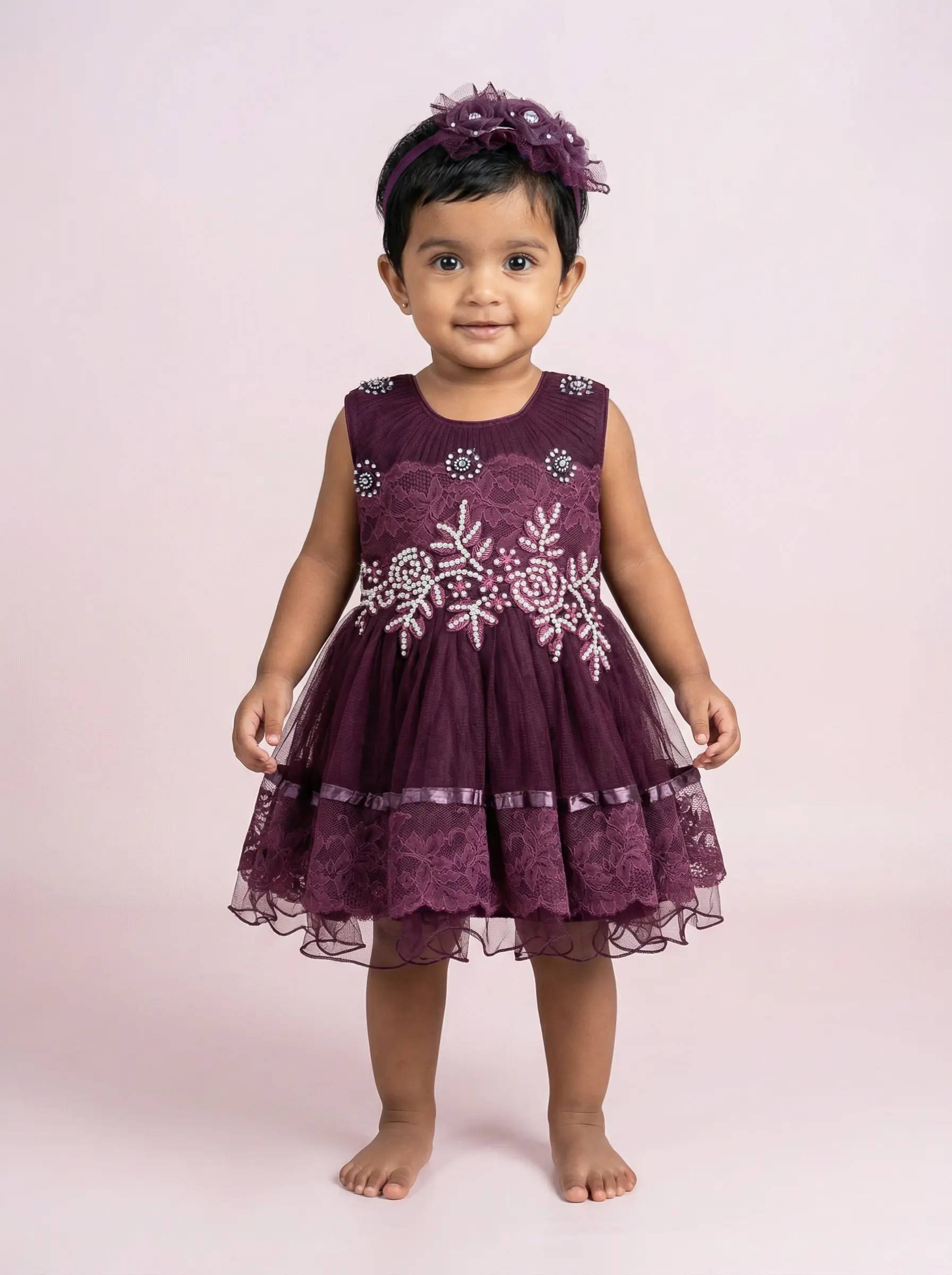 Beaded Net & Lace Layered Party Frock with Matching Headband